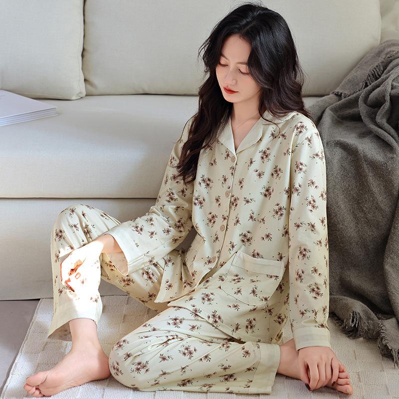 

Pajamas women s spring and autumn pure cotton long-sleeved autumn cotton thin middle-aged mother loose large size autumn loungewear M recommended 40-50kg