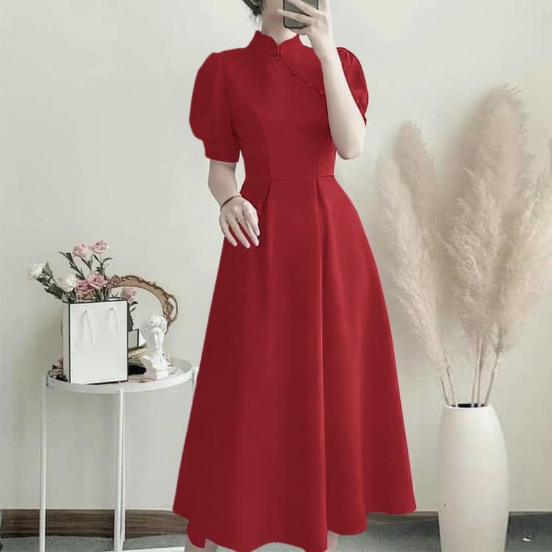 ZANZEA Women Casual Stand Collar Short Sleeve Solid Color Elegant Dress