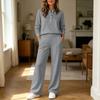 Women's Fashion Collared Long Sleeve Casual Two-Piece Set with Loose Wide Leg Pants, Color
