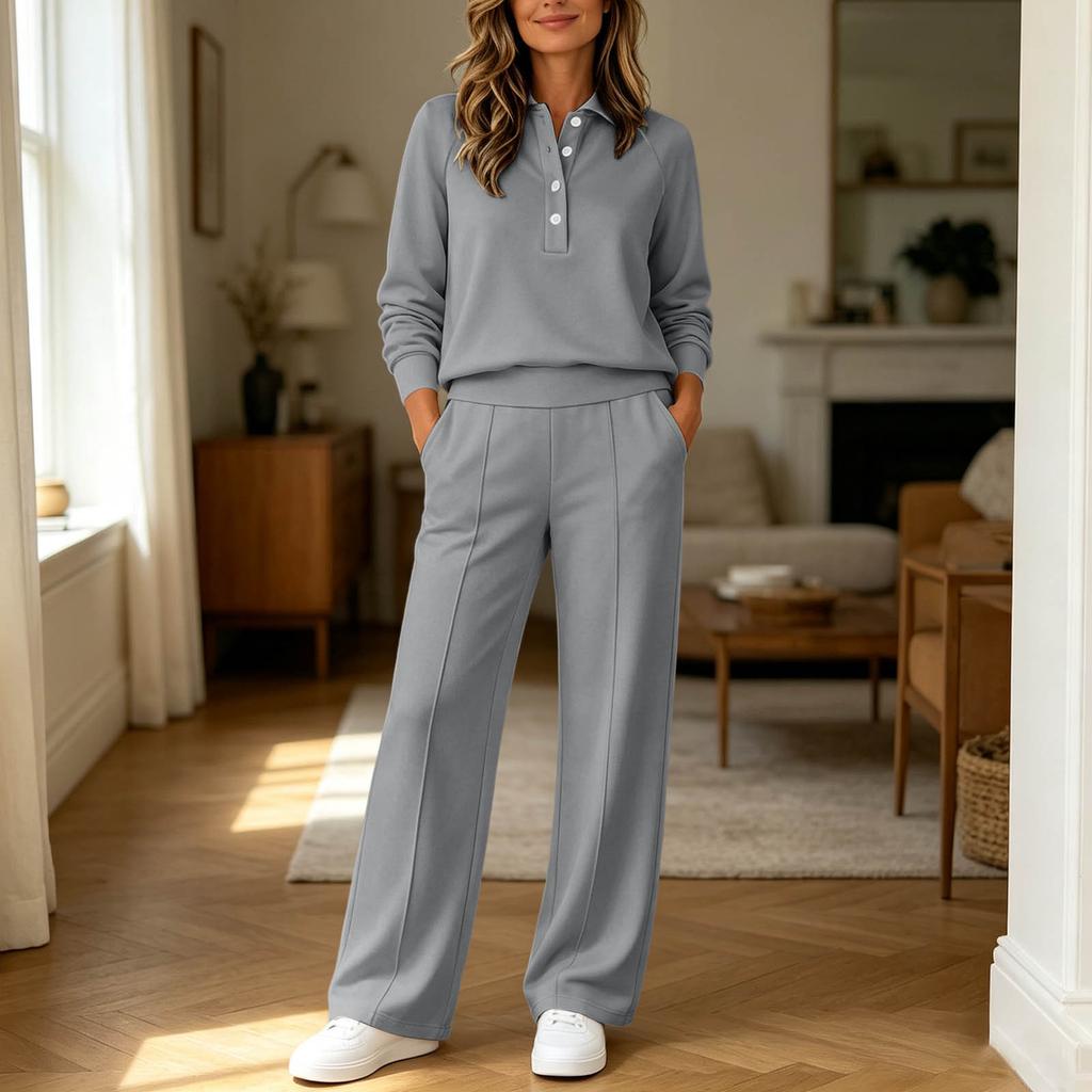 Women's Fashion Collared Long Sleeve Casual Two-Piece Set with Loose Wide Leg Pants, Color