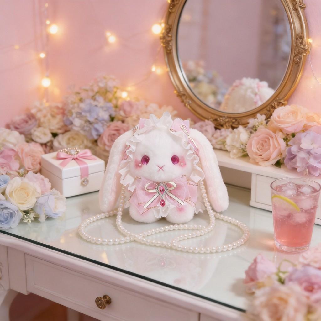 Lolita Plush Rabbit Bag With Artificial Pearls And Bow Decor For Casual Travel And Gift For Girls