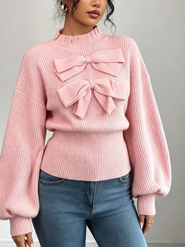 Women's Slim French Knit Sweater with 3D Bow, High Neck - Summer 2026 Arrival