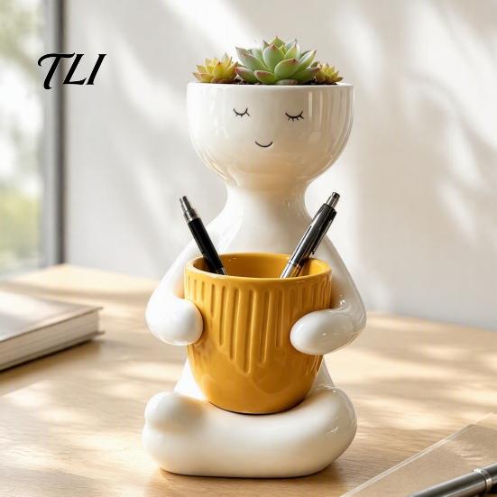 Zen Desktop Flower Pot Smiling Face Plant Pot, Double Planting Space Planter, Cute Resin Holder Sitting Figure Flowerpot for Succulents, Home