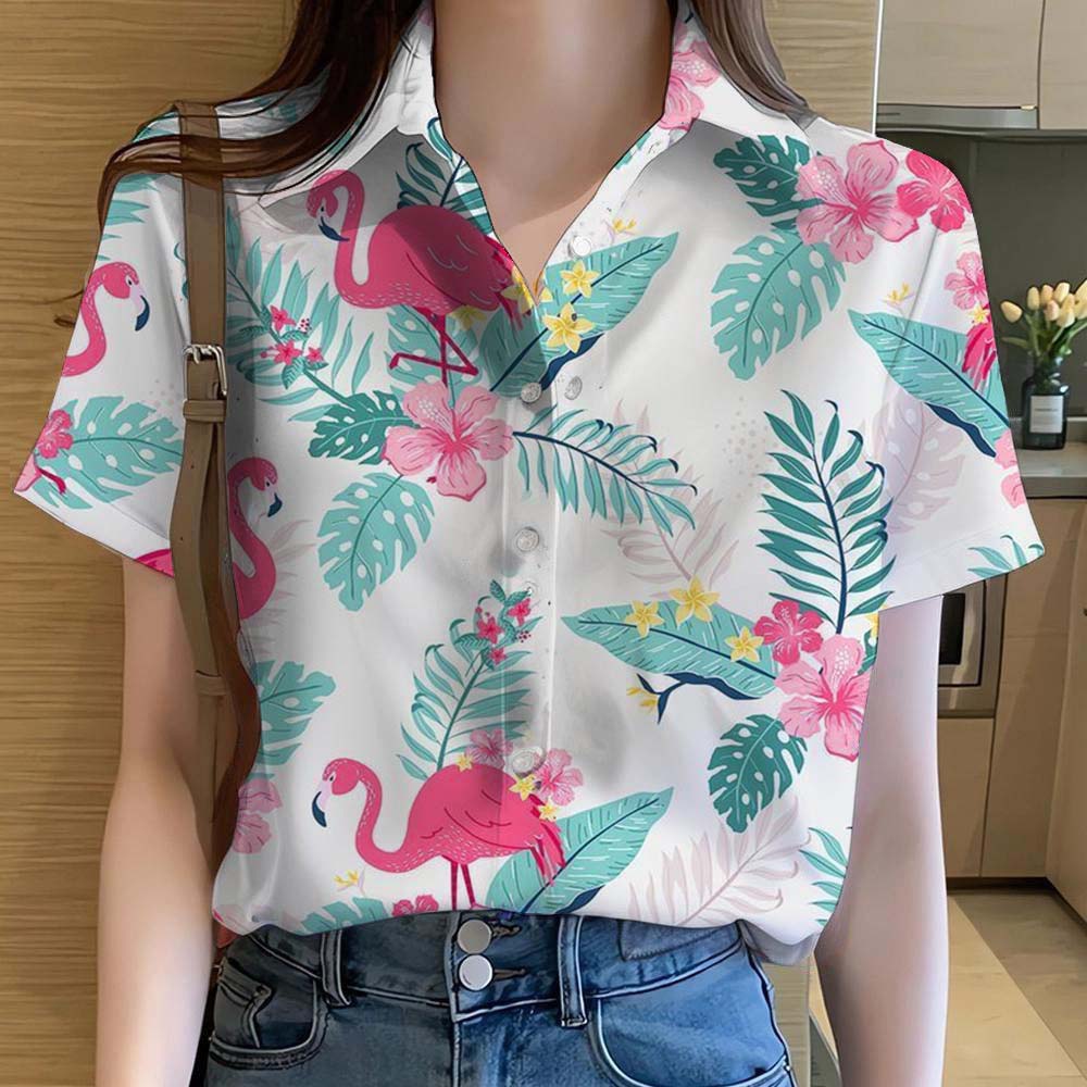 Womens Shirts Animal Cartoon flamingo 3D Printed Casual Hawaiian Short Sleeve Button Beach Shirt Summer y2k Women's Clothes