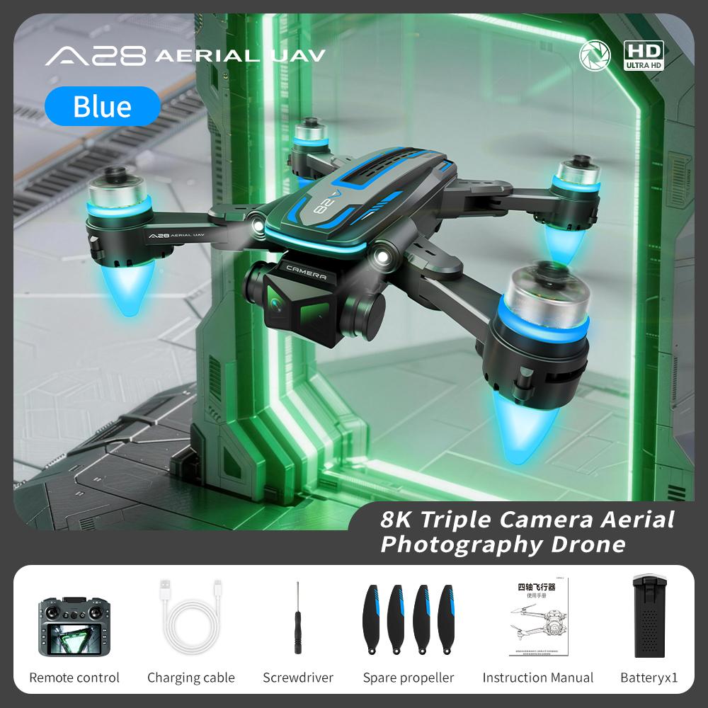 Professional A28 Drone Foldable GPS 8K Dual Camera 5G FPV Obstacle Avoidance Optical Flow One Key Takeoff RC Drone Brushless Motor 5.6in Large Screen