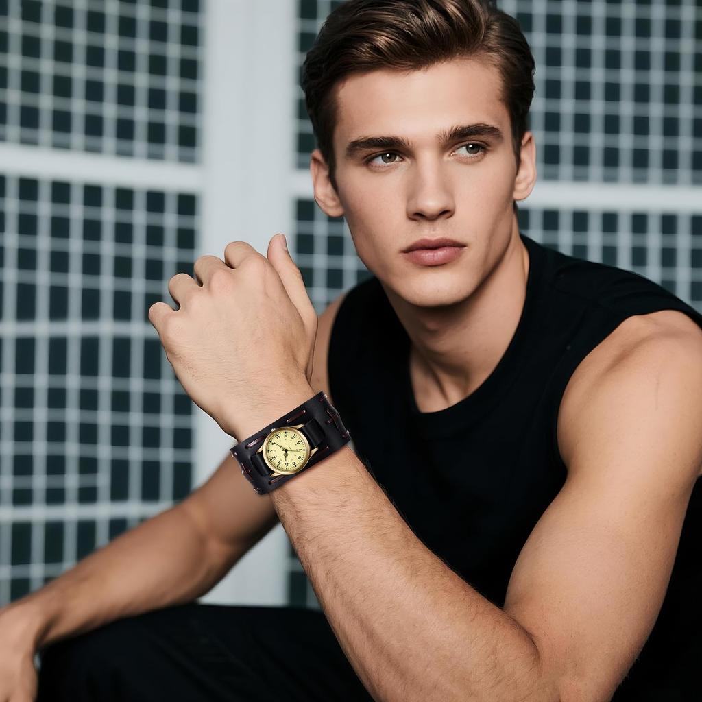Punk and Rock Antique Watch with Genuine Leather Waterproof Analog Quartz Watch with Leather Motorcycle Fashion Watch Perfect Gift for and Day Men's