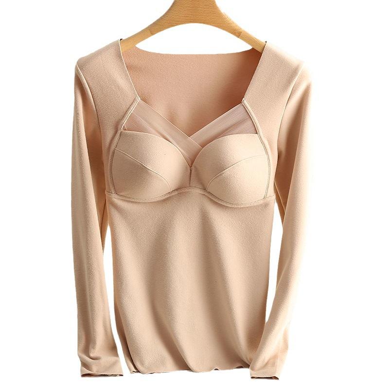 Damen Nahtlose Samt Heizweste: Langärmlig, warm, mit eingebauten Latex-Brustpolstern.