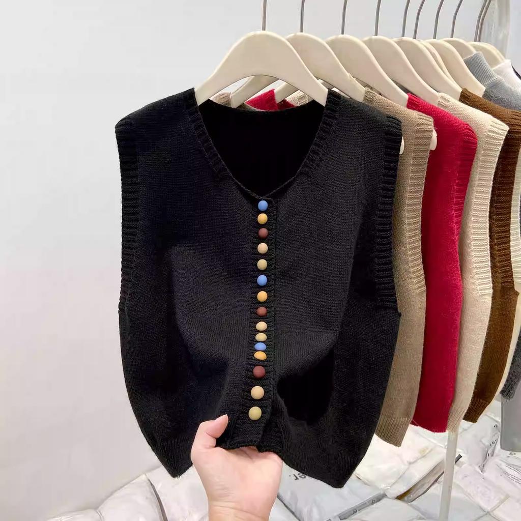 Fashion Elegant Loose Sleeveless Knitted Cardigan Sweater Vest Women 2025 Autumn Winter Casual Buttons Waistcoat Simple Solid Color Tops Clothing