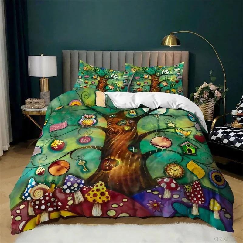 Tree of Life Duvet Cover King Botanical Branches Leaves Bedding Set Microfiber Psychedelic Mysterious Colorful Tree Quilt Cover