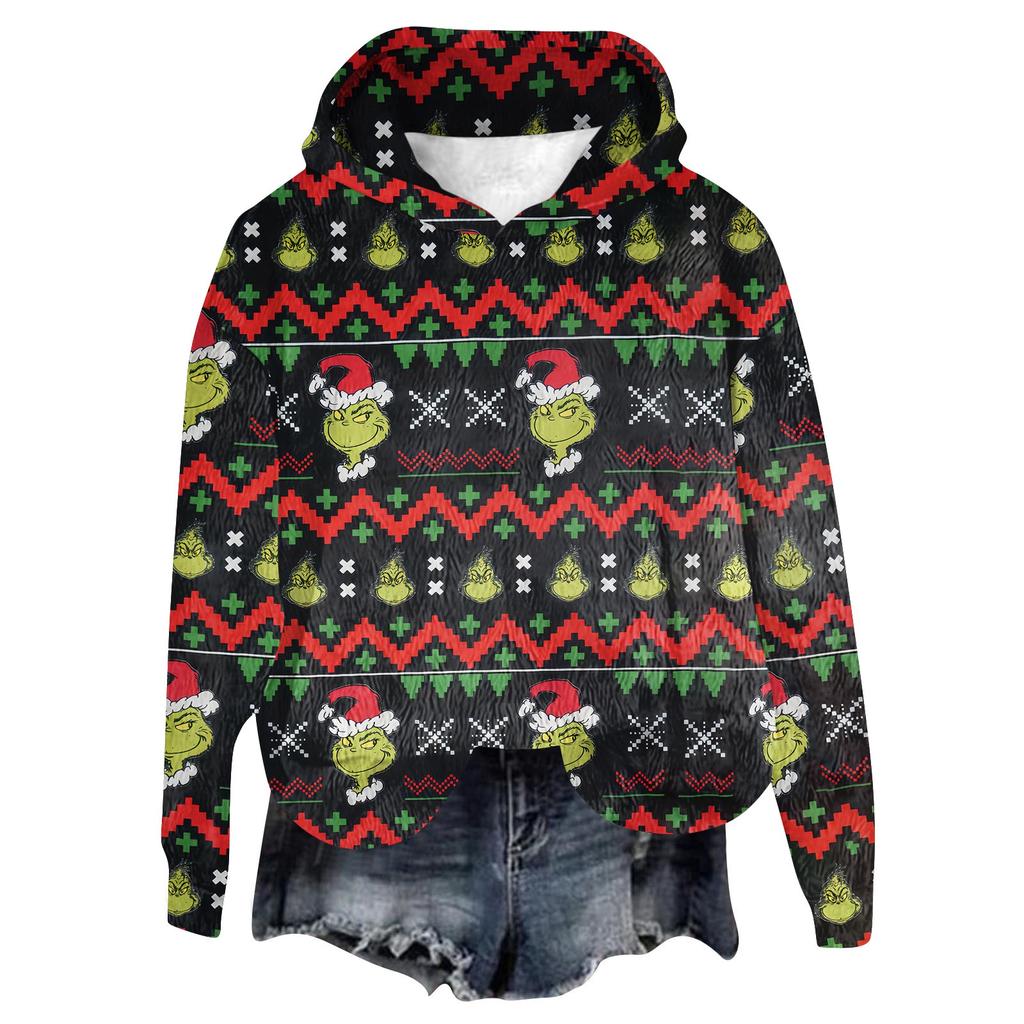 Women's Hooded Long Sleeve Christmas Printed Flannel Top Hooded Sweatshirt