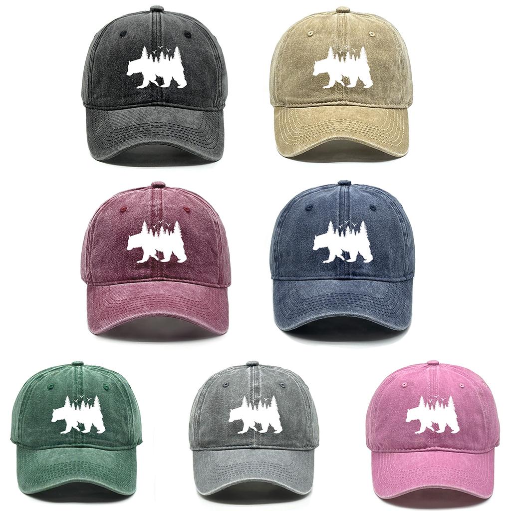 Unisex Washed Cotton Baseball Cap Sun Hat White Bear Print Trucker Cap Fit Raw Brim Snapback Baseball Caps One Size Fits All