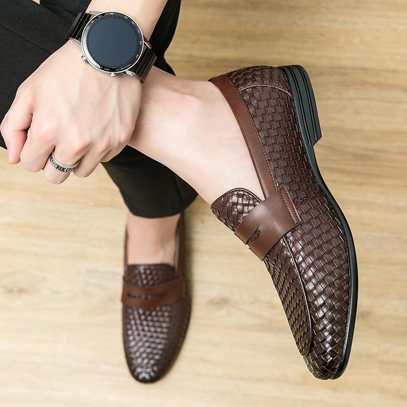 European station fashion luxury bean shoes leather men's shoes slip-on loafers classic plaid small leather shoes