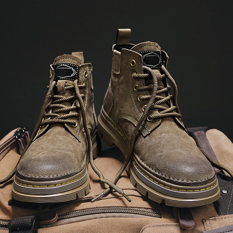 Men's Genuine Leather High-Top Martin Boots - Yellow Retro Winter Snow Shoes with Plush Lining