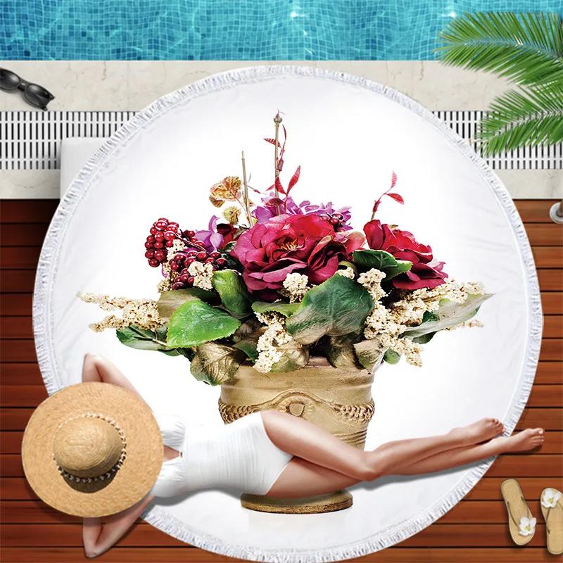 Serviette de plage Marguerites Pompons Ronde Séchage Rapide Extérieur Été Couverture de Mer Tournesol Plante Kawaii Tapis de Plage Tapis de Yoga Pique-nique