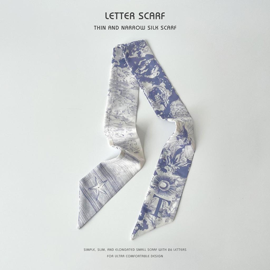 26-letter Floral Print Small Silk Scarf, Narrow And Long, For Tying Hair, Bags, Or As A Gift Decoration.