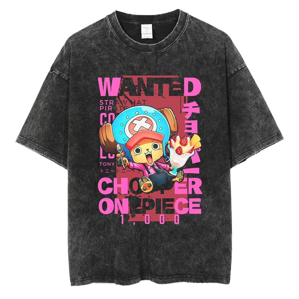Harajuku Fashion Vintage TShirt Japanese ONE PIECE Anime Graphic Oversize T Shirt Washed Tshirt Men Summer Cotton Tops Tees