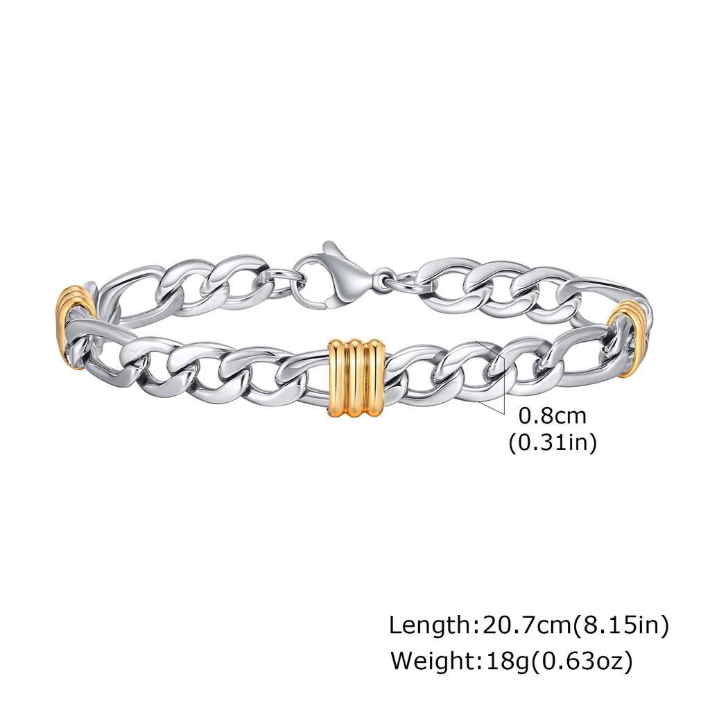 Classic Stainless Steel Btacelets for Men Boys,Silver Color Links Wristband with Gold Color Beads,Stylish Cool Jewelry Gifts
