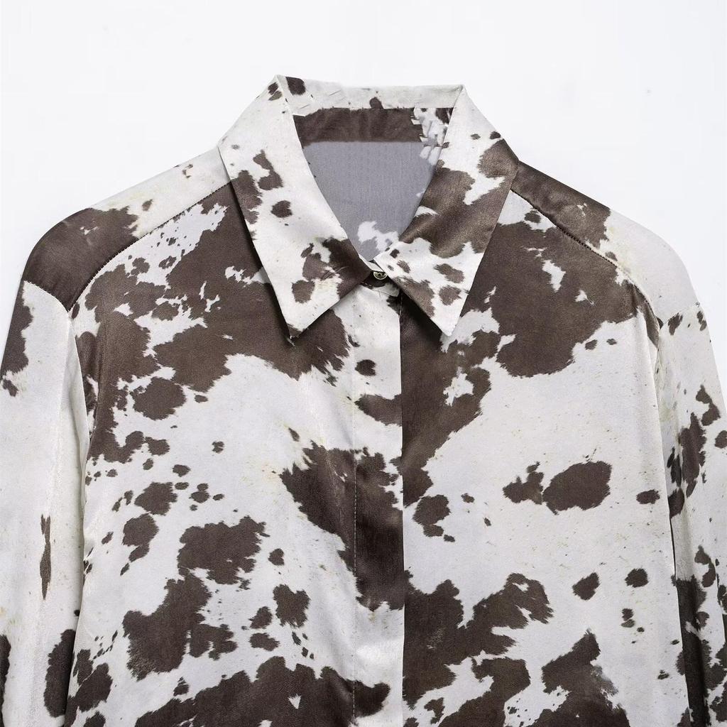 2025 Spring Women's Animal Print Silk Satin Shirt and Midi Skirt Set