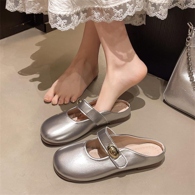 

Baotou half slippers women s outer wear 2025 new spring and autumn outer wear super fire Mary Jane women s shoes with skirt shoes 40 серебряный