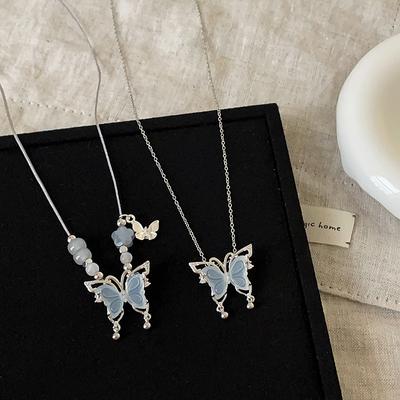 Retro Light Luxury High-End Blue Crystal Butterfly Pendant Necklace Female Simple Personality Unique Versatile Neck Chain Collarbone Chain