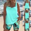2Pcs/Set Women Swimsuit Sling Padded Tops Leaf Printing Swimming Trunks Set Quick-Dry Fabric Vacation Activities Beachwear