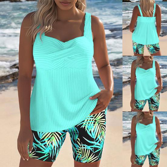 2Pcs/Set Women Swimsuit Sling Padded Tops Leaf Printing Swimming Trunks Set Quick-Dry Fabric Vacation Activities Beachwear