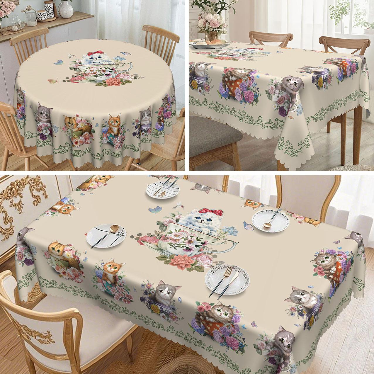 

Cat-Themed Round/Rectangular Tablecloth, Cute Kitten And Paw Print Design, Suitable For Family Dining Tables round tablecloth-152x152cm