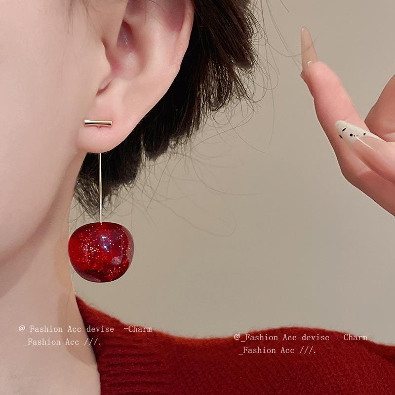 Silver Needle Ankola Red Cherry Earrings Stylish Simple Retro Stud Earrings Exquisite Premium Versatile Earrings Women