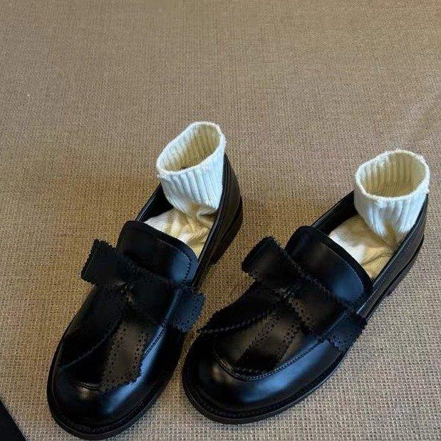 Bow British style loafers women's 2025 spring new one-pedal retro college single shoes low-heeled small leather shoes