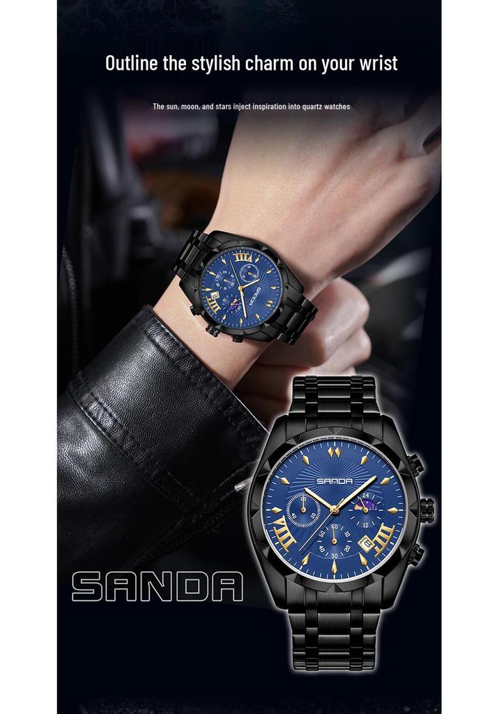 Sanda Men's Waterproof Business Watch - Steel Band, Luminous, with Small Seconds and Simple Calendar.