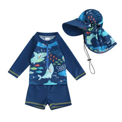Bebek Erkek 3 Parça Rash Guard Mayolar Sevimli Balık Baskılı Uzun Kollu Fermuarlı Mayo