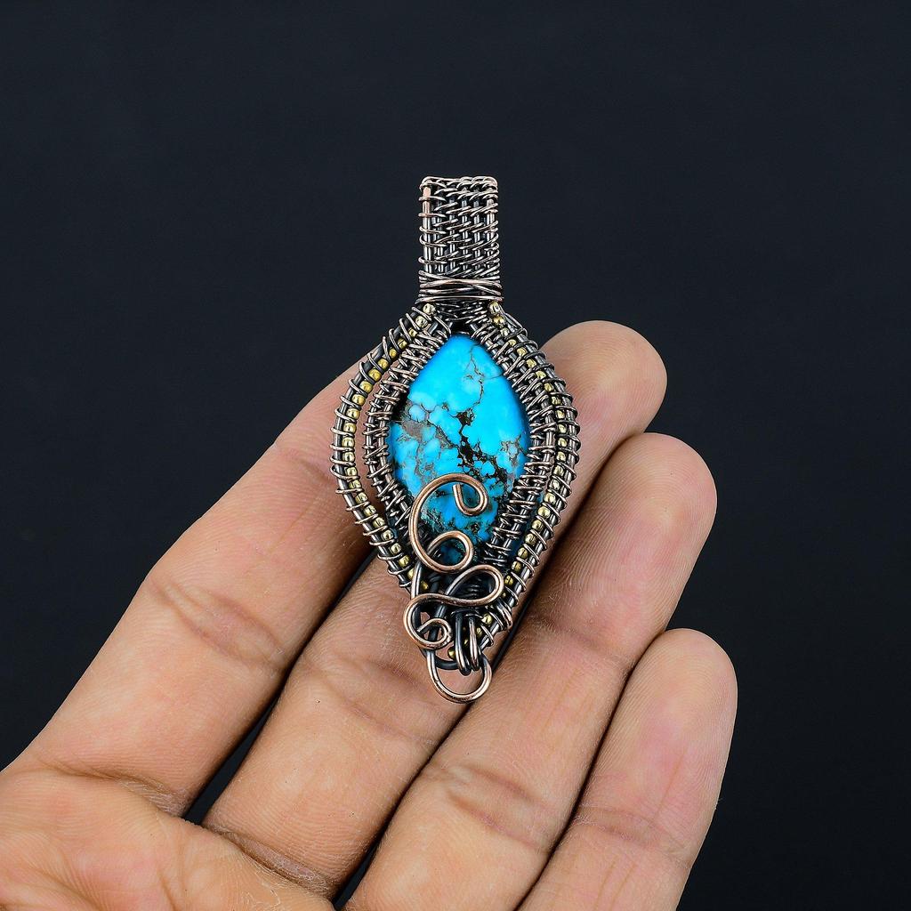 Wisiorek z turkusu tybetańskiego, biżuteria z kamieni szlachetnych owinięta drutem miedzianym próby 999, ręcznie robiony wisiorek, na Święto Dziękczynienia