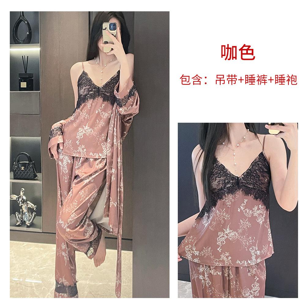New Chinese retro dark flower ice silk suspender trousers nightgown three-piece set lace with chest pad ice breathable loungewear