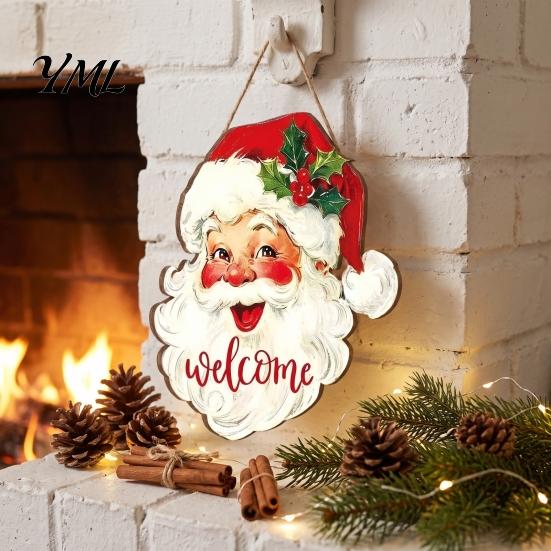 Wooden Door Decorations Christmas Hanging Sign, 2D Santa Snowman Welcome Plaque, Xmas Wall Fireplace Ornament, Holiday Decor for Front Porch,