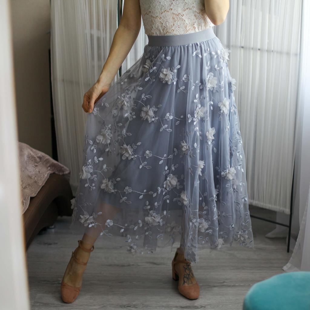 Luxus Frau Röcke Koreanischen Stil, Mode, Elastische Taille Applikationen Stickerei Floral Mesh Rock Lange Gaze Ballkleid Rock