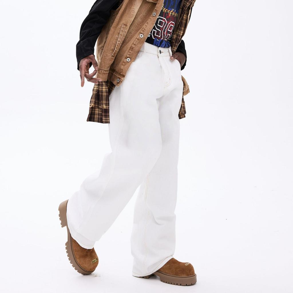 American high street trendy brand straight white washed jeans men's solid color simple loose wide leg drape long pants