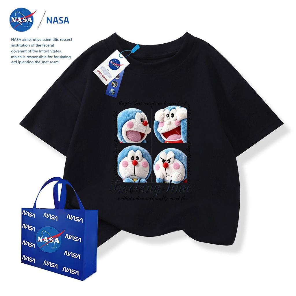 NASA x Doraemon Kinder-Baumwoll-T-Shirt mit Rundhalsausschnitt und Stickerei, Kurzarm