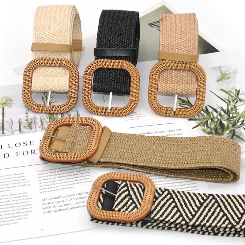 Letní dámský elastický pletený pásek čtvercová spona vintage boho slámový pásek pásek k šatům