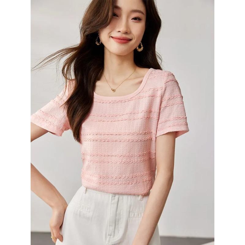 

Women s U-Neck Lace Trim Short Sleeve T-Shirt M розовый