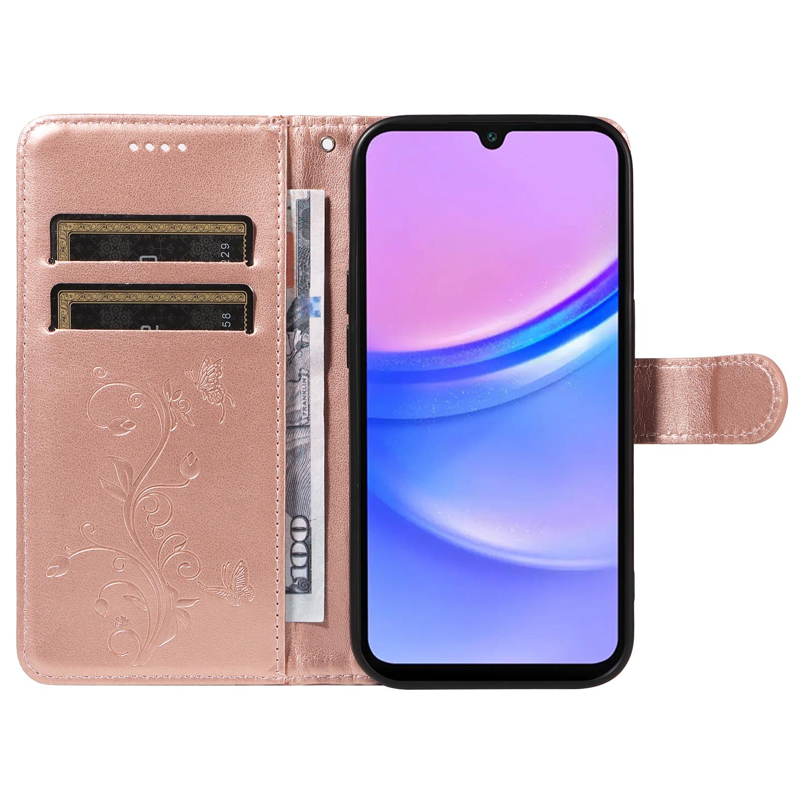 

For Samsung Galaxy A17/A26 5G/A16 5G/A16 4G PU Leather Cases Flower Pattern Wallet Stand Phone Cover with Strap Rose Gold