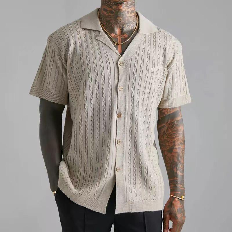 

Summer Foreign Trade Men s Lazy Style Button-Up Solid Color Cardigan Loose Casual Turn-Down Collar Knitted Short Sleeve Shirt 3XL хакі
