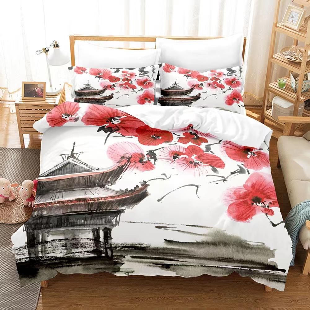 Jarní květinová série Vzor květu švestky Povlak na přikrývku Ložní prádlo 3D digitální tisk Povlak na peřinu Povlak na polštář Ložnice (Třídílná sada) Soubor