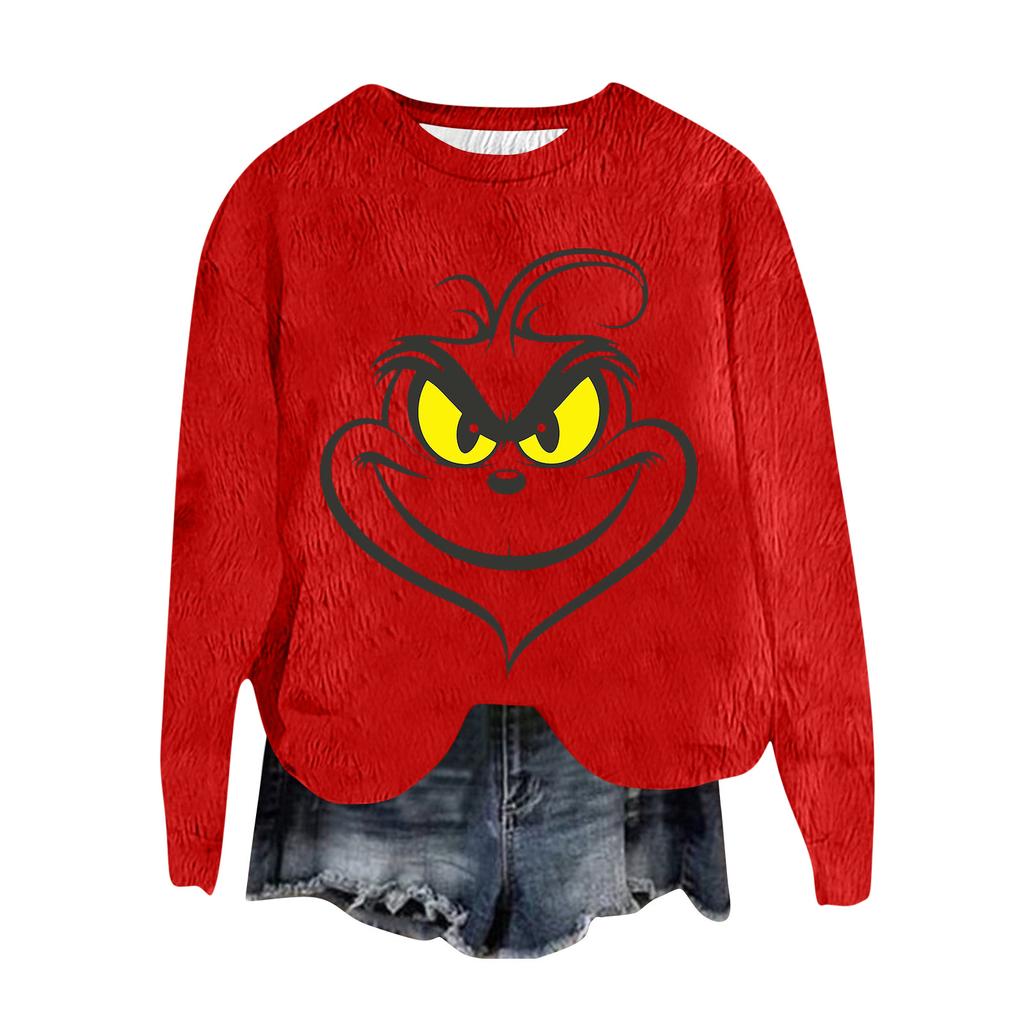 Women's Fashion Round Neck Pullover Top Long Sleeve Tee Christmas Printed Sweatshirt
