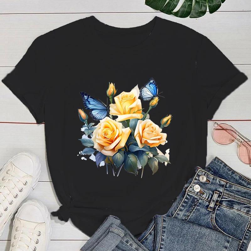 (Premium T-shirt)Flowers Butterfly T-Shirt Women Fashion Harajuku T Shirt Summer Cool Short Sleeve Hip Hop Top Tee