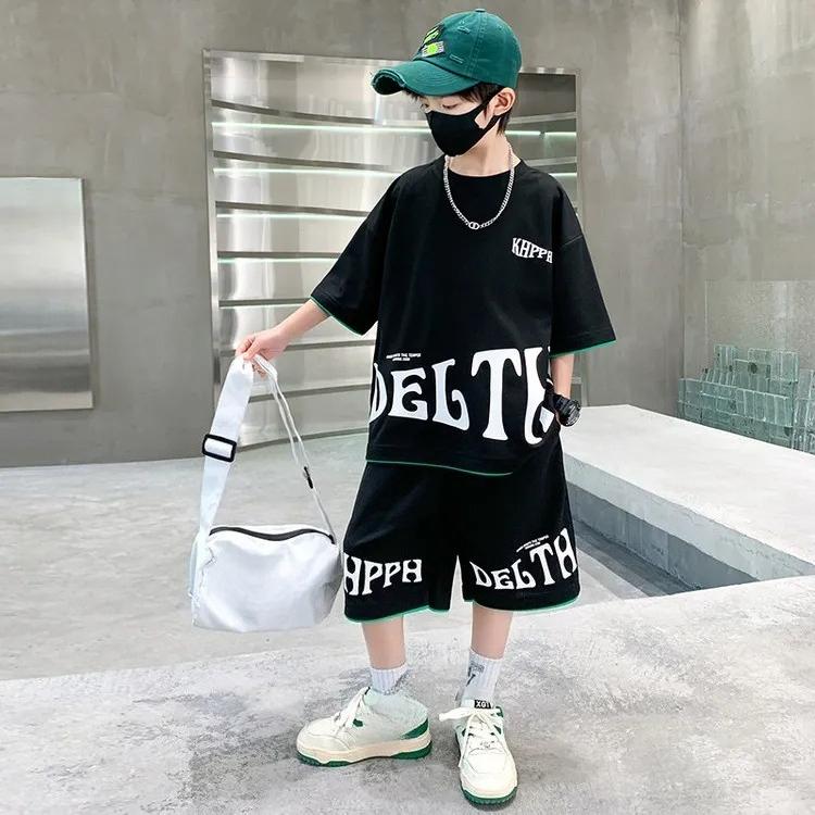 Children Summer Clothing Set for Boys Letter Print Sport Suit Kids Teenager Cotton Outfits Casual Short Sleeve Tracksuit Costume