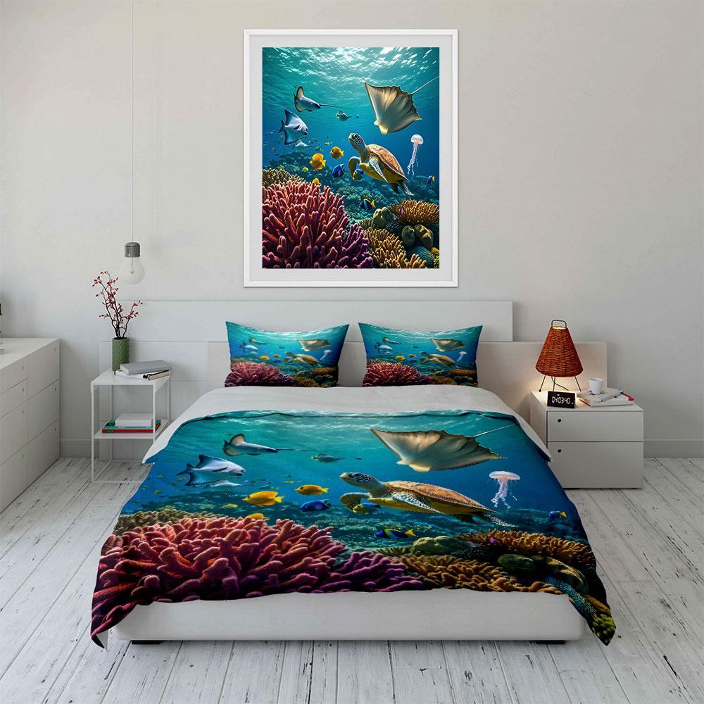 Underwater Colorful Creatures And Corals Printed Duvet Cover Set1 Duvet Cover+2 Pillowcasemulti Size Bedroom Bedding Decor