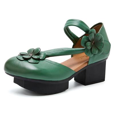 GKTINOO 2025 Neue Damen Sandalen Sommer Echtes Leder Blumen Handgefertigte Sandalen Retro Stil Runde Zehe Mittelhohe Absätze Damenschuhe