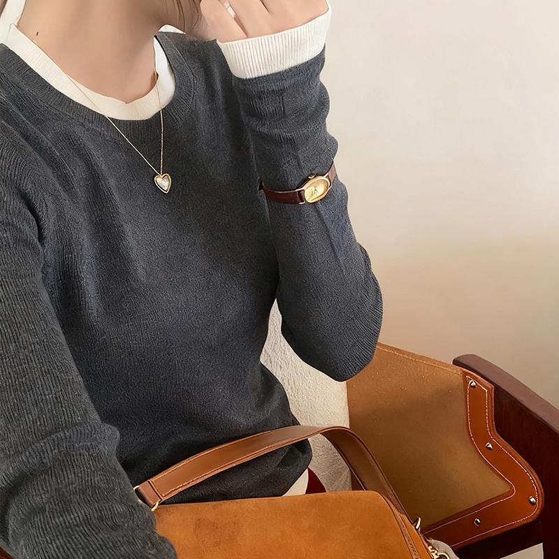 Ladies Autumn Winter Long Sleeve Fake Two Piece Basic Solid Color Pullover Knitted T Shirt Top