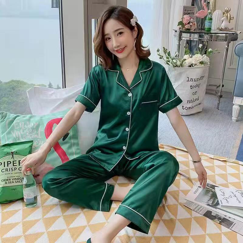 Women's Imitation Silk Short Sleeve Pajamas: Sexy, Lightweight, Plus Size Two-Piece Set with Long Pants.