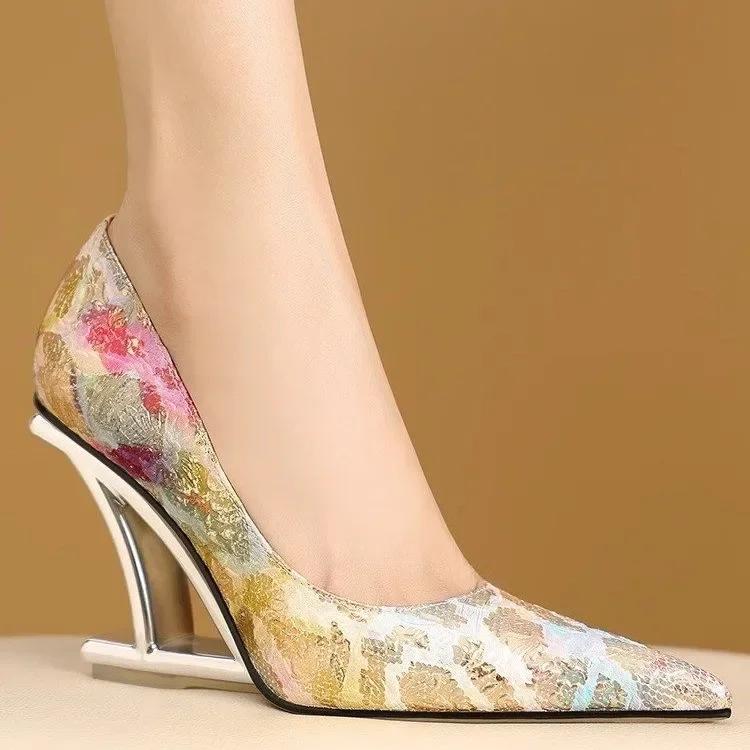 Pumps Women Shoes Flower Totem Slip-On Shallow Shoes Wedding Party Pointed Toe High Heels Pump Femme Special-shaped Heel